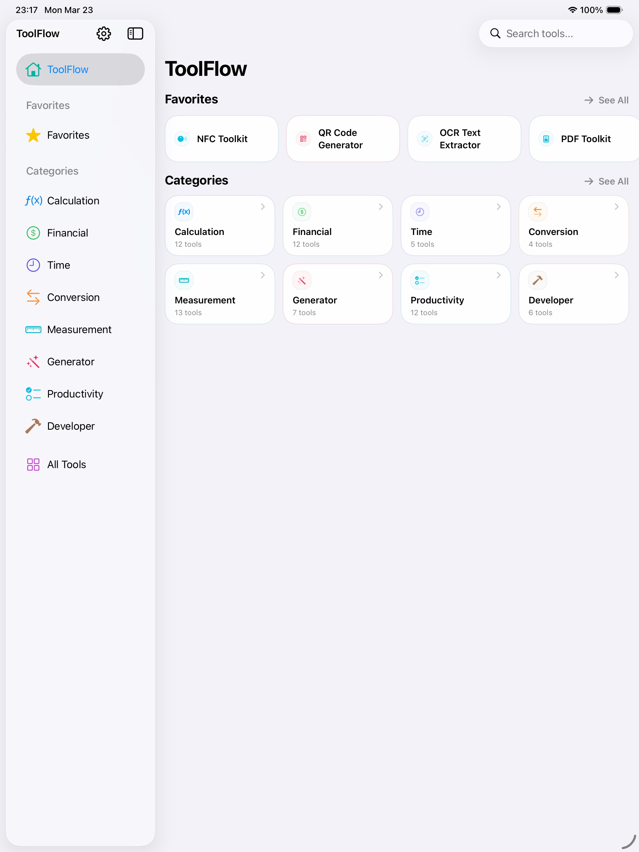 ToolFlow on iPad, showing favorite tools and categories for calculation, finance, time, conversion, measurement, generation, productivity, and development.